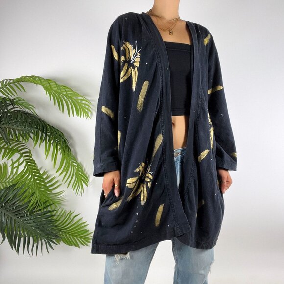 Vintage 80s 90s Black Floral Painted Retro Grunge Artsy Oversized Cardigan / 3X - Picture 4 of 8